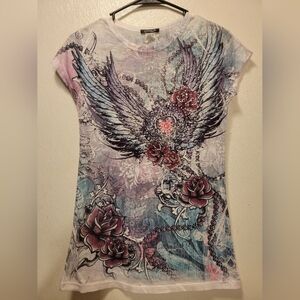 Rhinestone Women's Tee with Wing and Rose Design
